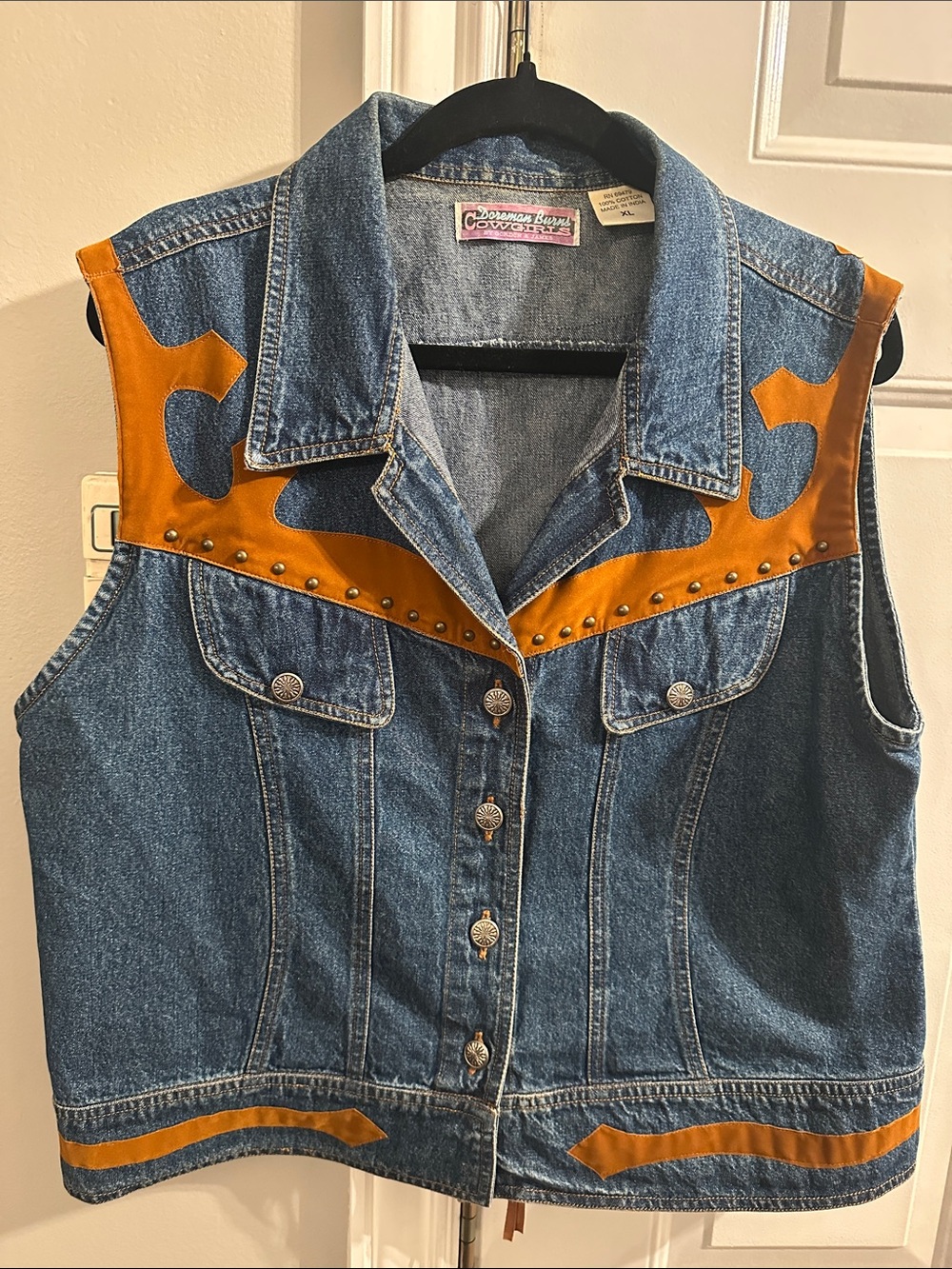 Western-Inspired Blue Denim Vest with Tan Suede Trim